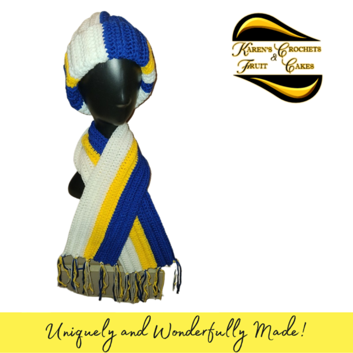 Blue, Gold, and White Hat & Scarf