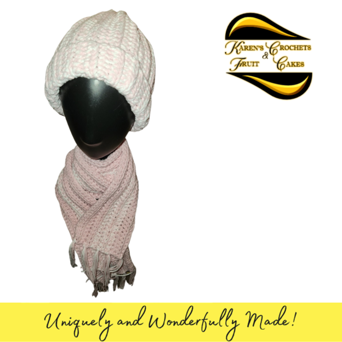 Pink and White Hat and Scarf Set